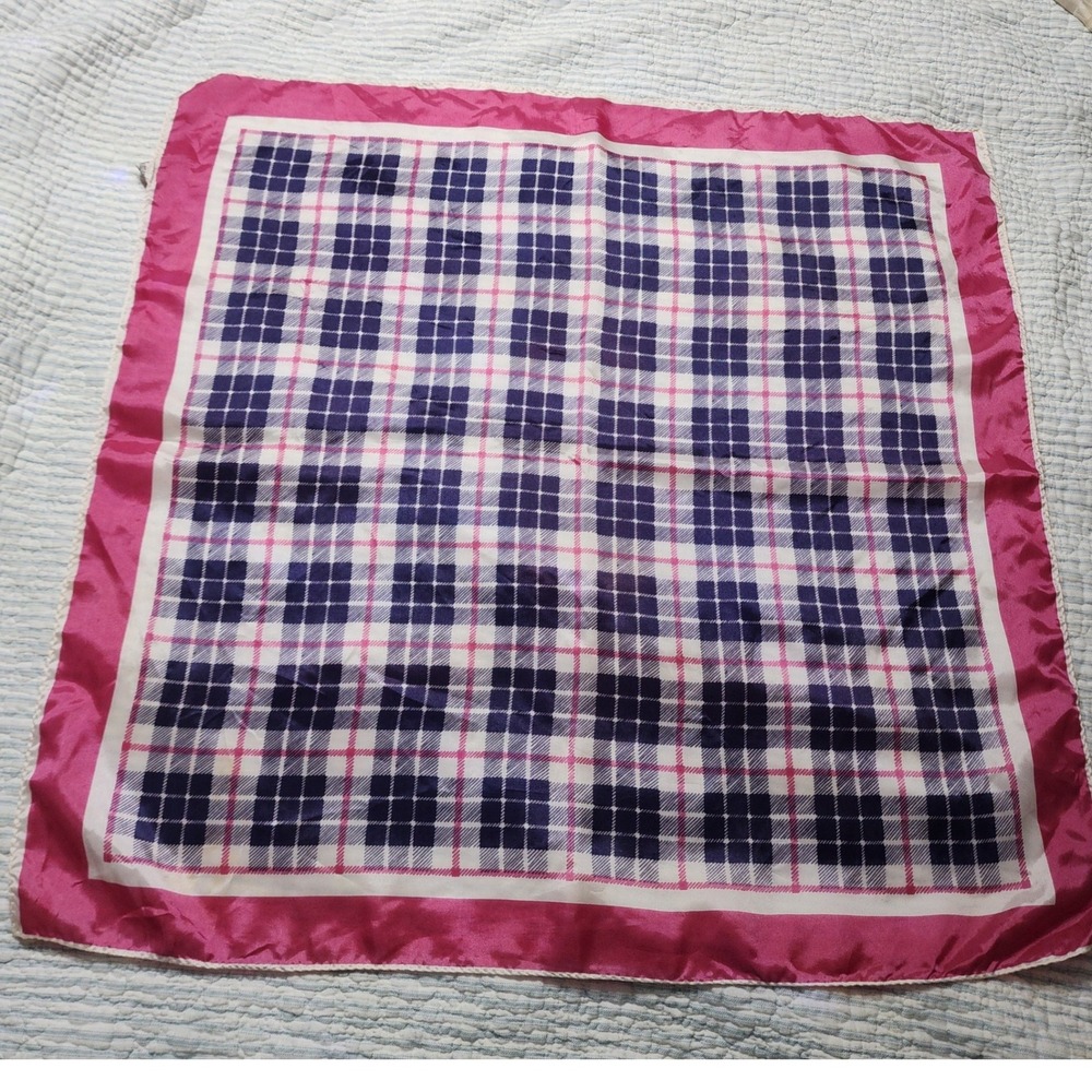 Vintage Made in Japan Plaid Square Scarf Navy Blue Pink White Acetate 27x27